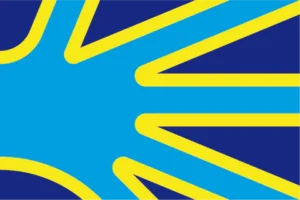 The International Deaf Flag, featuring a large turquoise hand overlaid on a yellow hand against a dark blue background.