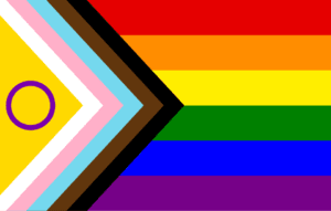 Intersex-Inclusive Progress Pride Flag, featuring the Progress Pride flag with a yellow field and a purple circle at the center of the chevron, symbolizing intersex inclusion and bodily autonomy
