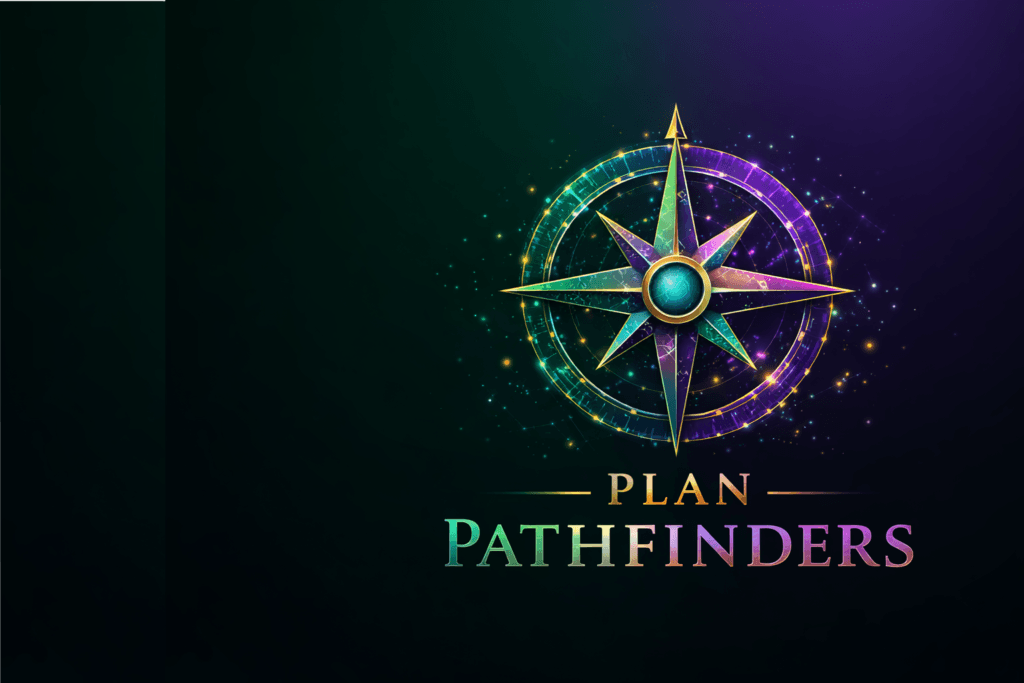Plan Pathfinders' Logo - a Golden Compass set on a dark green & purple gradient. Below the compass is the text Plan Pathfinders.