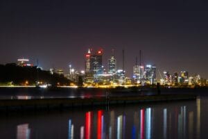 Perth city skyline is lit up at night