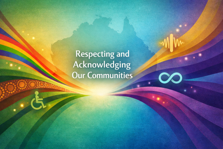 Colourful abstract illustration of multiple flowing paths converging toward a central light over a faint map of Australia. The paths include rainbow colours and symbols representing disability (wheelchair icon), neurodiversity (infinity symbol), and cultural connection, symbolising respect and acknowledgement of diverse communities
